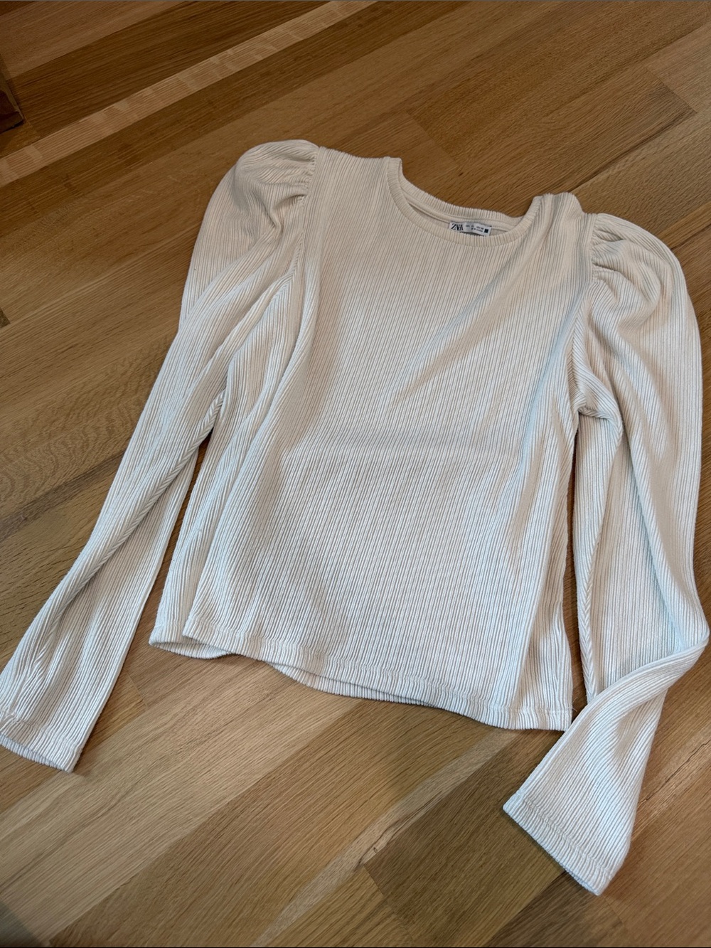 Zara Ribbed Long-Sleeve Puff-Shoulder Top in Cream